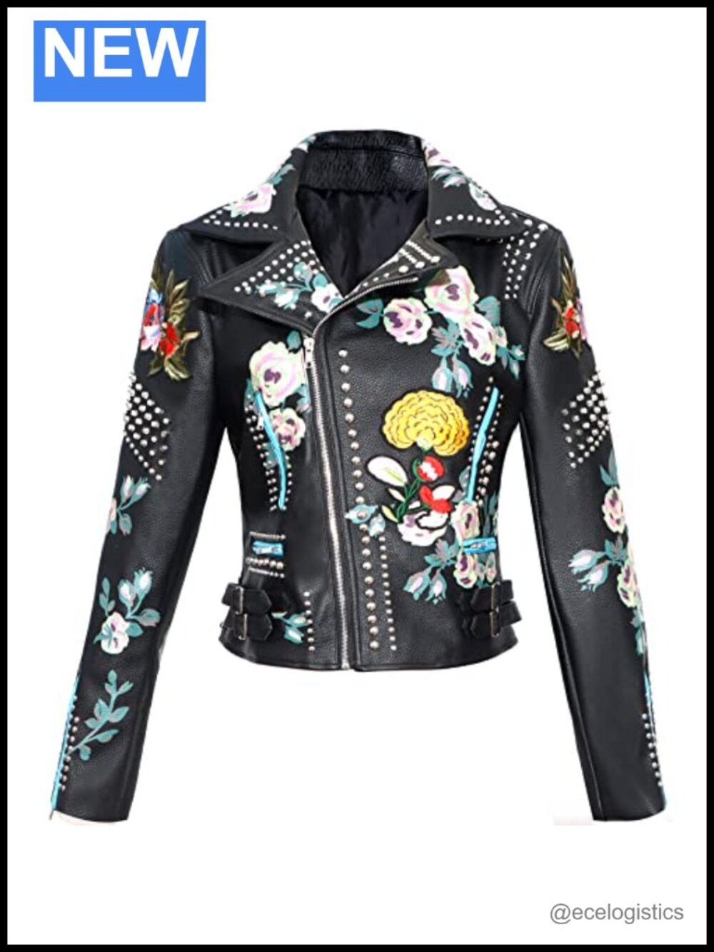 Faux Leather Studded Moto Jacket Long Sleeve Punk Biker Women's